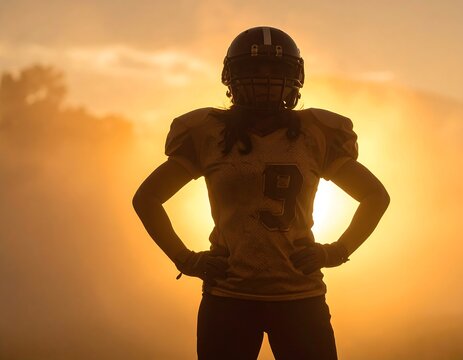 Silhouette of a female football player at sunrise - Powered by Adobe