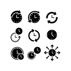 Four stylized clock icons showing reload, reset, and circular time flow, with different symbols.