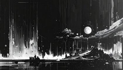 Surreal landscape with inverted sky, cityscape & full moon in stark black and white