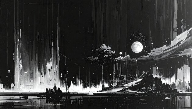 Surreal landscape with inverted sky, cityscape & full moon in stark black and white
