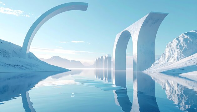 A futuristic landscape featuring abstract, arching structures and reflective water under a clear, icy sky