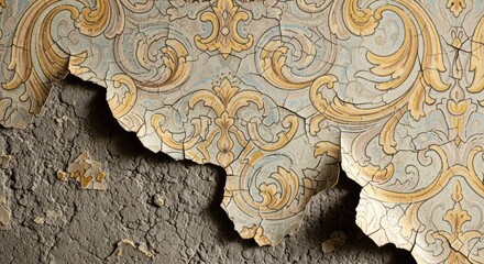 Close-up of peeling antique wallpaper with a faded damask pattern revealing cracked plaster underneath.
