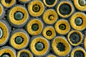 Microscopic view of a single cell with multiple organelles visible in sharp textures and fine biological details in high resolution.