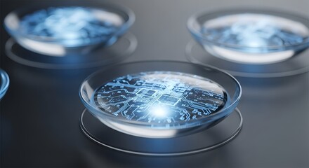 Futuristic smart contact lenses with glowing blue integrated circuits on a dark, reflective surface.