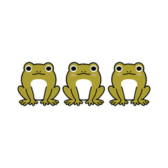 Three cute cartoon frogs sitting in a row illustration.