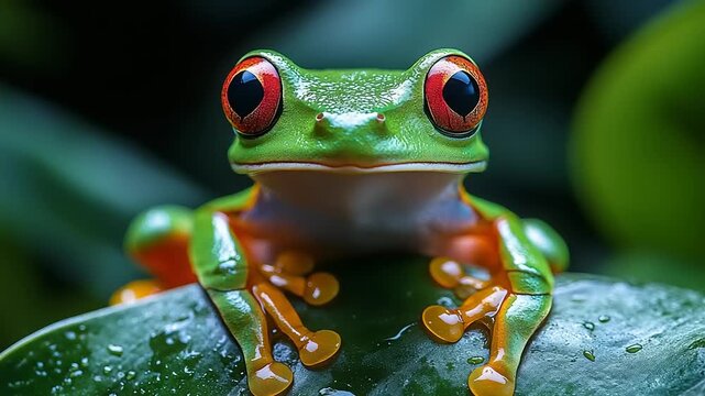 Vibrant Green Tree Frog with Striking Red Eyes on Leaf.