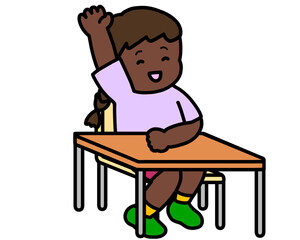 挙手する黒人の女の子　机あり