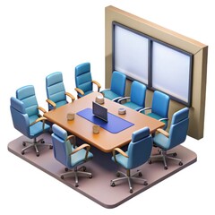 3d modern conference room setup with table and chairs isolated on white background
