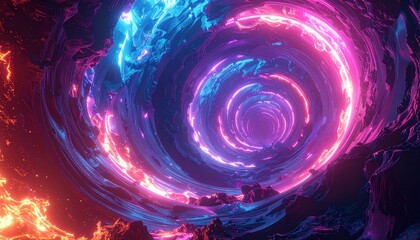A vibrant, swirling tunnel of neon pink and blue light, surrounded by textured, dark shapes, creates a captivating visual experience.