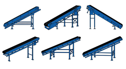 Blue industrial conveyor belt systems presented in a technical schematic illustration