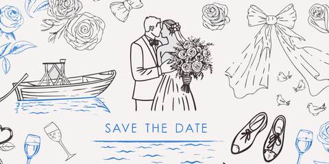 Charming hand drawn wedding elements with save the date text and nautical theme
