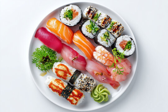 A round white plate with assorted sushi shot from top view on a white background. apanese sushi pieces like nigiri (salmon, tuna, shrimp), maki rolls with seaweed and rice