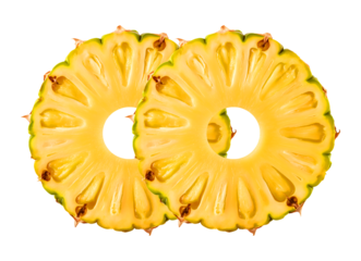 Fresh pineapple round cuts with central hole, ripe exotic fruit for dessert, juice and healthy eating, Pair of pineapple rings