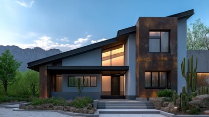 Modern residential building with clean lines and sharp angles surrounded by lush greenery under a clear blue sky,