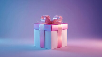 Fototapeta premium A beautifully wrapped gift box with soft blue to pink lighting, glossy surfaces, and elegant ribbon bows,