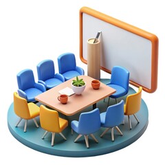 Naklejka premium 3d conference room setup with boardroom table and chairs isolated on white background