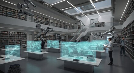 Fototapeta premium Robotic assistants and digital interfaces in a spacious modern library providing information access and advanced technology