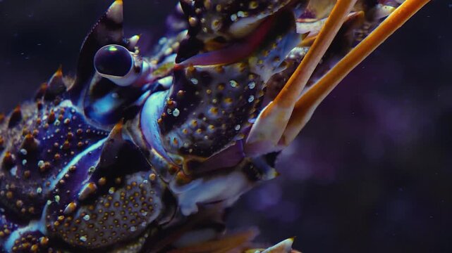 Close up of a lobster head moving his arms while resting between rocks underwater