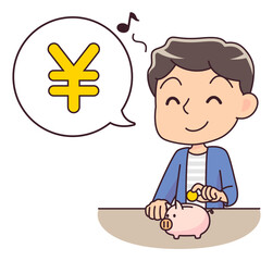 豚の貯金箱に小銭を入れて喜ぶ男性