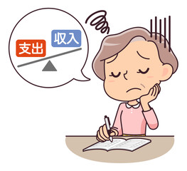 家計簿を付けながら赤字家計に悩むシニア女性