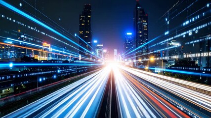 Futuristic Cityscape with Digital Data Stream Overlay and Light Trails at Night - Powered by Adobe