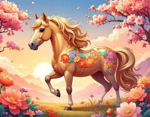 A horse adorned with flowers, in a spring setting