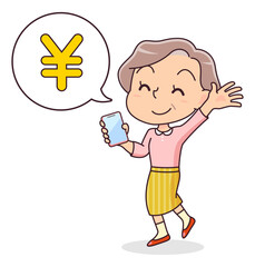 スマホで入金を確認し喜ぶシニア女性