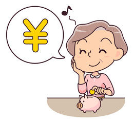 豚の貯金箱に小銭を入れて喜ぶシニア女性