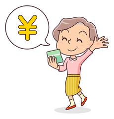 通帳に入金があり喜ぶシニア女性