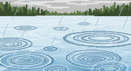 Raindrops creating ripples on a water surface.