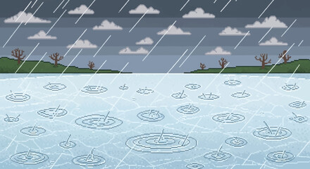 Raindrops creating ripples on a water surface.