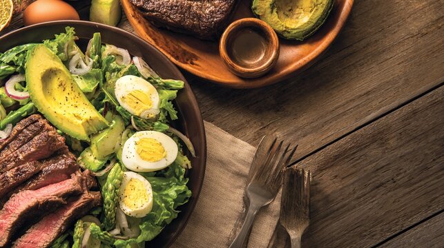 Steak salad with avocado and eggs