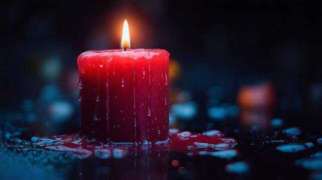 Atmospheric Red Candle Burning Brightly in the Darkness.