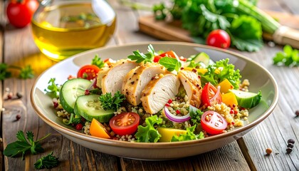 Vibrant Grilled Chicken and Quinoa Salad with Fresh Vegetables, Artfully Arranged in a Rustic Bowl on a Wooden Table.