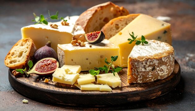 Assortment of various cheeses, bread, and figs arranged on a wooden platter. Brown and white tones - Powered by Adobe