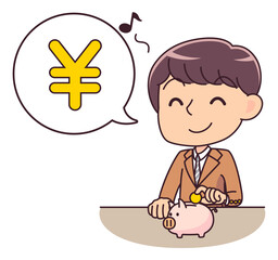 豚の貯金箱に小銭を入れて喜ぶ男子学生