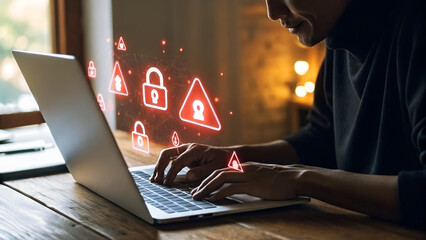 Man intensely typing on laptop with glowing cyber security threats and padlocks appearing around him