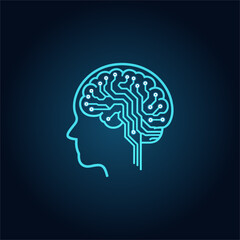 neon brain outline inside head, cognitive science logo, artificial intelligence theme, digital neural network, glowing futuristic vector