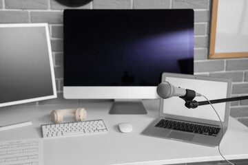 Stand with professional microphone in recording studio, closeup