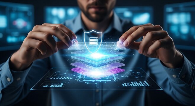 Cybersecurity expert architecting a multi-layered security system for FinTech and secure online payments. Man interacts with futuristic holographic data protection interface.