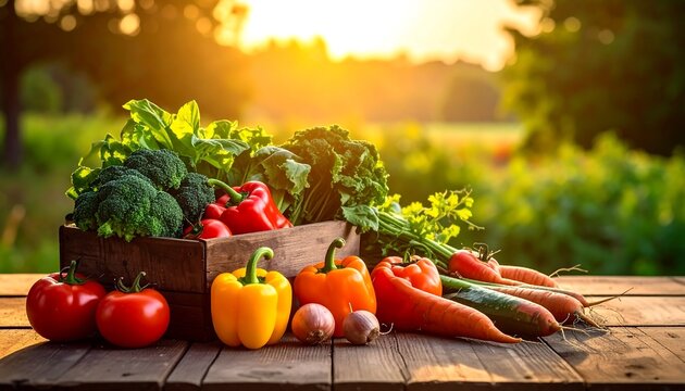A wooden crate overflowing with colorful, fresh vegetables sits on a rustic table, bathed in golden sunlight, blurred background