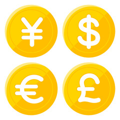 円(¥)・ドル($)・ユーロ(€)・ポンド(£)コイン