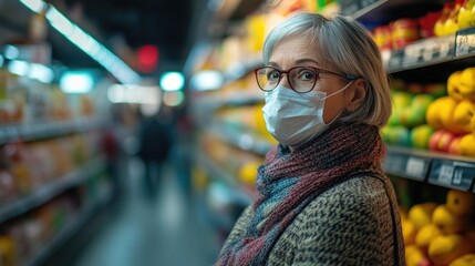 Senior Woman in Glasses Wearing Medical Mask in Supermarket - Health and Safety Precautions While Shopping During the Pandemic.