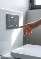 Hand pressing modern dual flush button in contemporary bathroom design concept