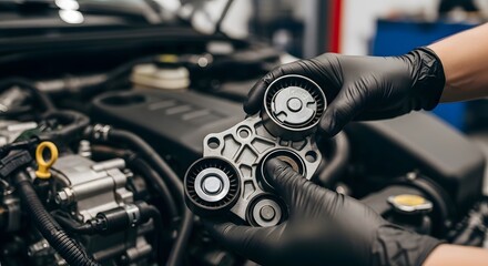 Automotive maintenance scene with mechanic holding car part in workshop environment for repair and diagnostics guide
