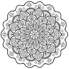 Discover an intricate black and white floral mandala design, perfect for coloring projects. This detailed artwork inspires creativity and relaxation, enhancing focus and mindfulness.