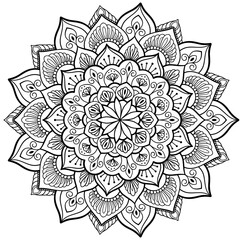 This intricate black and white mandala design features detailed patterns and shapes, perfect for artistic projects, coloring books, or relaxation activities.
