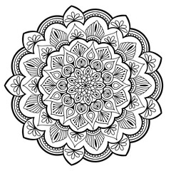 This intricate black and white mandala design features detailed patterns and circles, perfect for coloring, art therapy, or creating unique artworks.