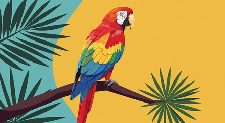 Obraz premium A vibrant illustration of a macaw perched on a branch with tropical foliage in the background.