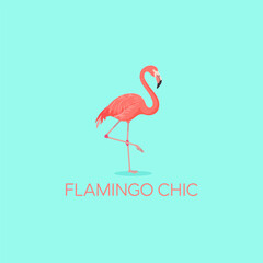 Flamingo chic design, standing bird silhouette, pastel aqua background, stylish minimalist emblem, tropical branding, vector illustration artwork